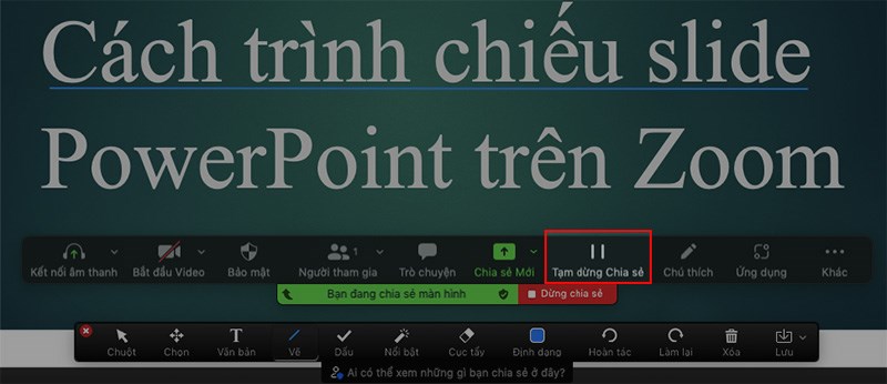 họn Tạm dừng chia sẻ để thực hiện các thao tác chỉnh sửa slide PowerPoint mà không hiển thị trên màn hình của mọi người trên Zoom