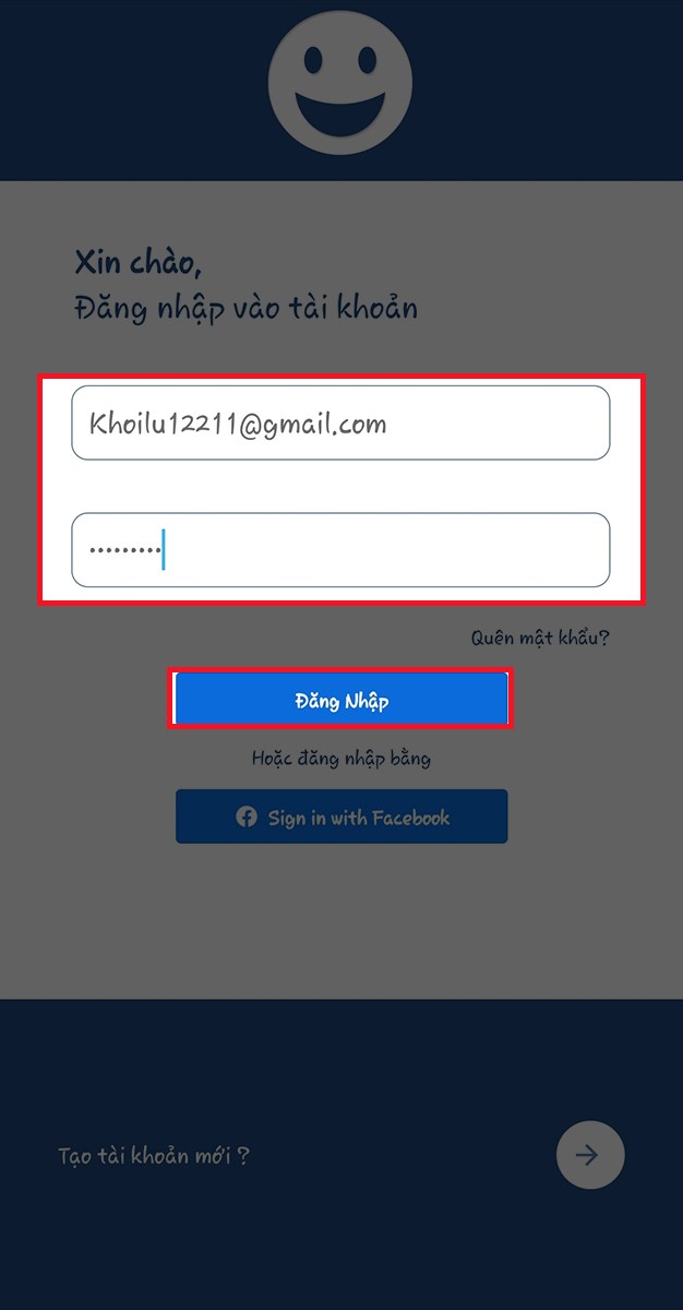  Nhập Email v&agrave; mật khẩu