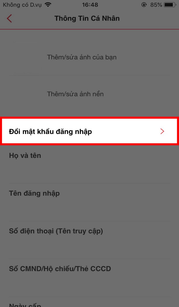 Chọn Đổi mật khẩu đăng nhập