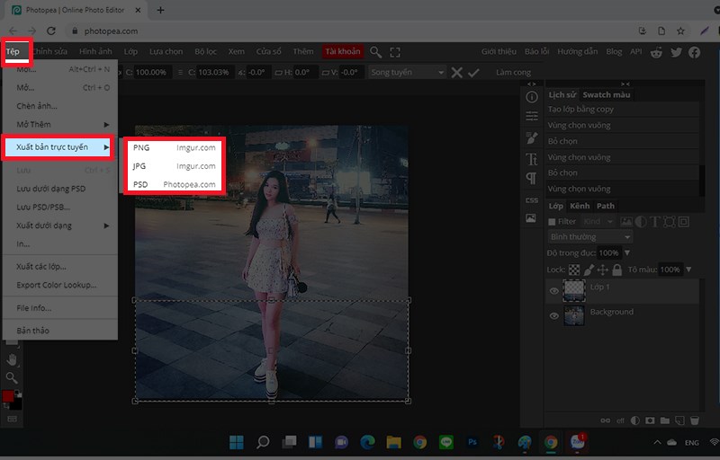 v&agrave;o Tệp > chọn Xuất bản trực tuyến > chọn định dạng tệp m&agrave; bạn muốn lưu (PSD, JPG, PNG)