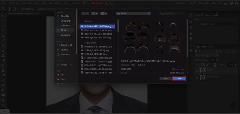 Chọn mẫu t&oacute;c bạn muốn gh&eacute;p > chọn Mở
