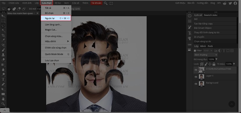 Chọn Lựa chọn > chọn Ngược lại > bấm ph&iacute;m Delete hoặc bấm tổ hợp ph&iacute;m Ctrl + Shift + I&nbsp;sau đ&oacute; bấm ph&iacute;m&nbsp;Delete&nbsp;để xo&aacute; v&ugrave;ng dư tr&ecirc;n layer