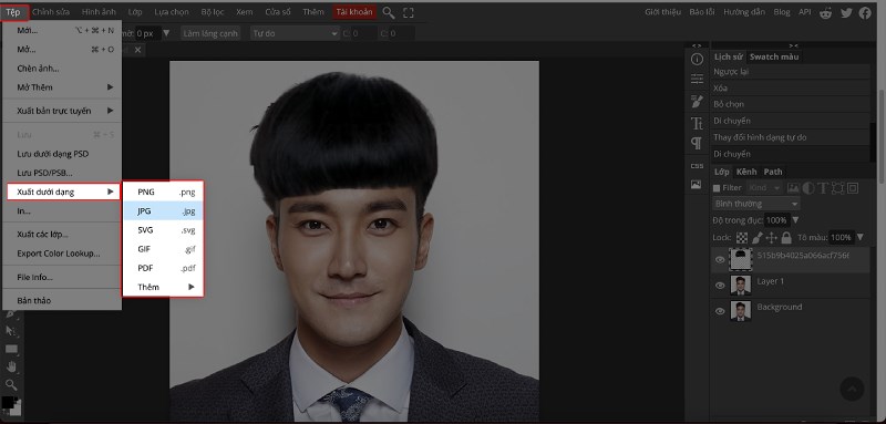 Chọn Tệp > chọn Xuất dưới dạng > chọn định dạng để tiến h&agrave;nh lưu ảnh