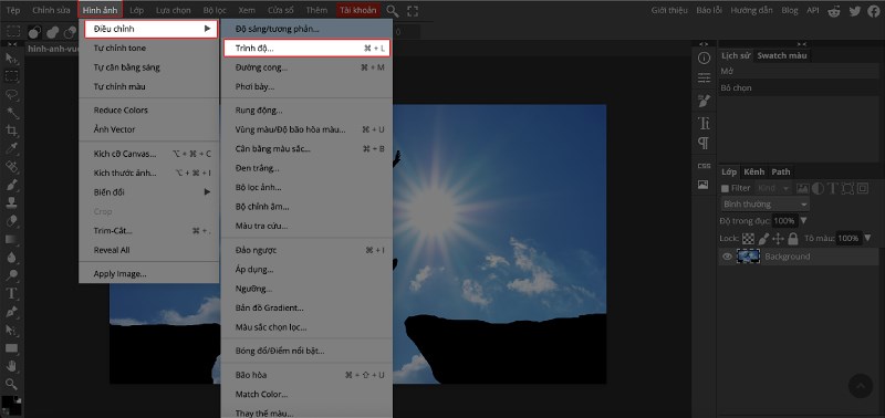 L&agrave;m mờ ảnh bằng c&aacute;ch bấm command + ph&iacute;m L hoặc tr&ecirc;n menu chọn&nbsp;H&igrave;nh ảnh&nbsp;rồi chọn Điều chỉnh&nbsp;v&agrave; chọn Tr&igrave;nh độ.