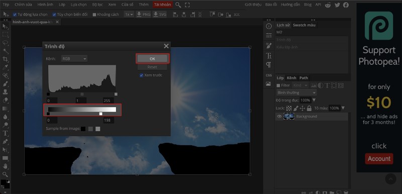K&eacute;o thanh trượt sang tr&aacute;i, rồi bấm OK