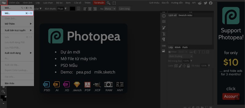 Mở ảnh bạn muốn tạo quote bằng c&aacute;ch bấm command + ph&iacute;m O hoặc chọn Tệp rồi chọn Mở.