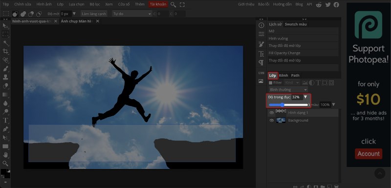 Chọn phần Lớp ph&iacute;a b&ecirc;n phải m&agrave;n h&igrave;nh, chỉnh độ trong đục về b&ecirc;n tr&aacute;i để l&agrave;m mờ &ocirc; vừa kẻ