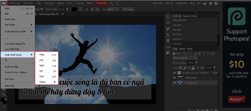 Lưu ảnh về để sử dụng bằng c&aacute;ch chọn Tệp rồi chọn Xuất dưới dạng&nbsp;v&agrave; cuối c&ugrave;ng l&agrave; chọn định dạng bạn muốn lưu.