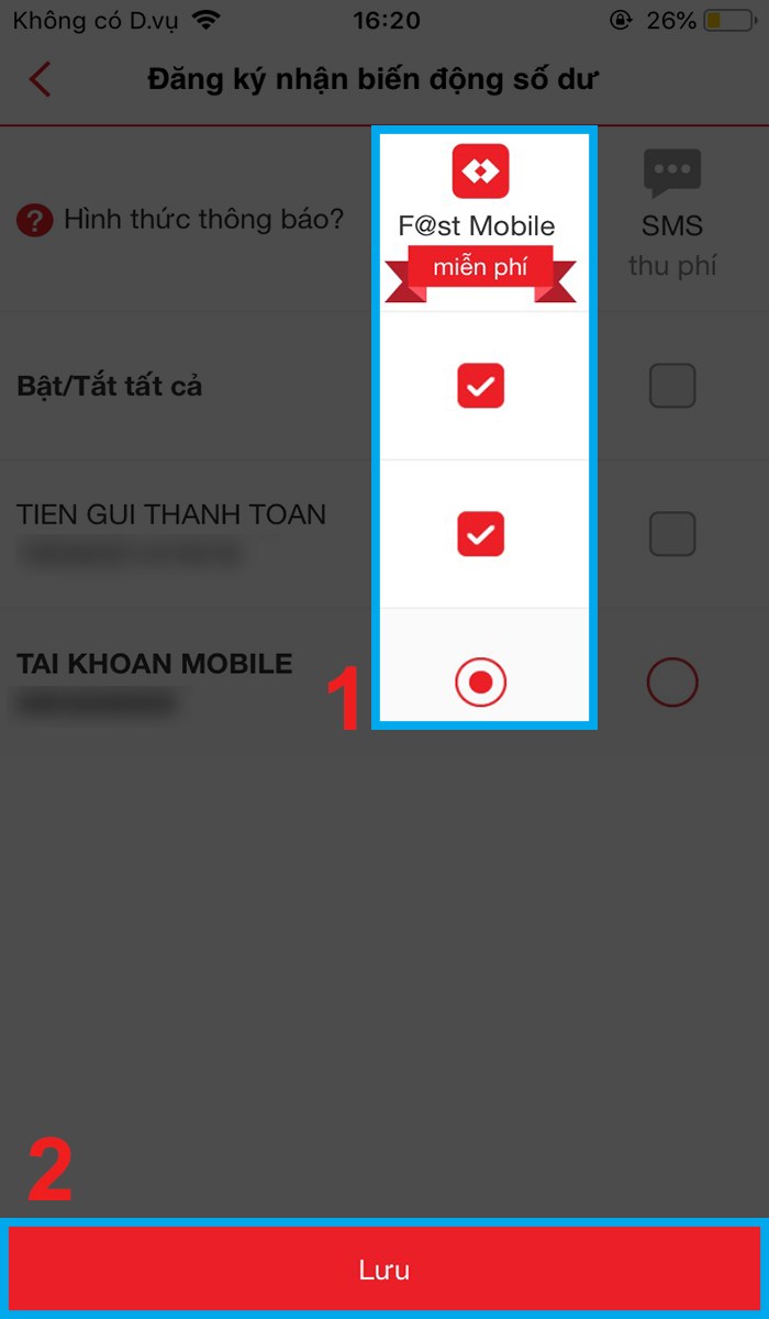 Nhấp vào Đăng ký nhận biến động số dư