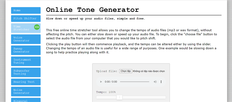 OnlineToneGenerator: Chỉnh tốc độ MP3 online