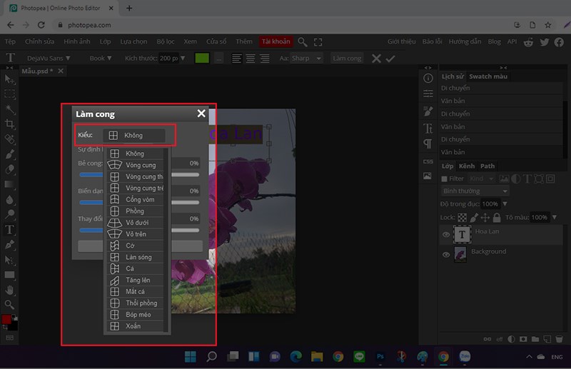 nhấn v&agrave;o Kiểu > chọn kiểu uống cong cho chữ