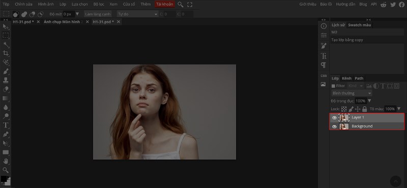 Nh&acirc;n đ&ocirc;i layer bằng c&aacute;ch nhấn command + J&nbsp;để c&aacute;c thao t&aacute;c chỉnh sửa kh&ocirc;ng ảnh hưởng ảnh gốc.