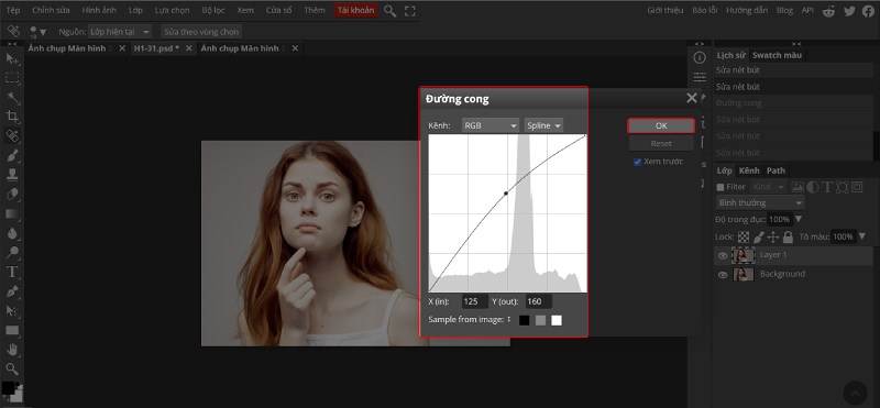 Tại biểu đồ Đường cong, d&ugrave;ng chuột tuỳ chỉnh độ s&aacute;ng v&agrave; độ tương phản tr&ecirc;n biểu đồ cho ph&ugrave; hợp. Sau đ&oacute; bấm OK.