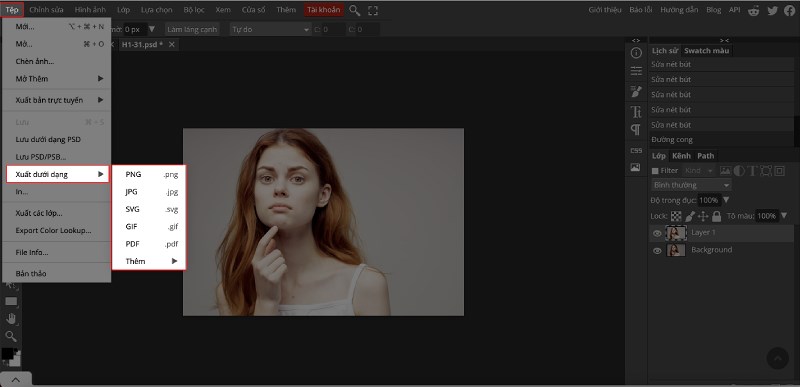 Để lưu ảnh vừa chỉnh xong về m&aacute;y chọn Tệp > chọn Xuất dưới dạng&nbsp;> Chọn định dạng bạn muốn lưu.