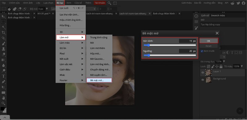 Chọn Bộ lọc > L&agrave;m mờ > Bề mặt mờ. Chỉnh b&aacute;n k&iacute;nh v&agrave; ngưỡng sao cho ảnh tự nhi&ecirc;n nhất, sau đ&oacute; bấm OK.