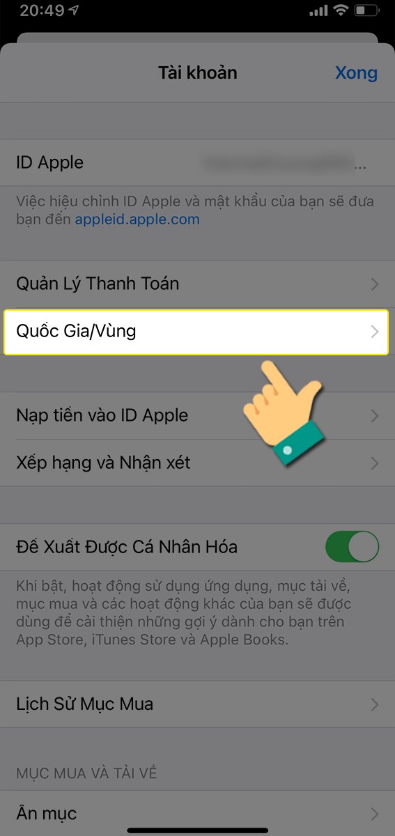 Nhấn vào Quốc gia vùng