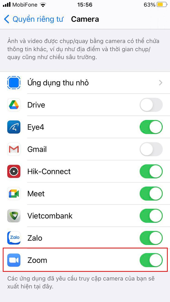 Cấp quyền sử dụng camera cho ứng dụng Zoom