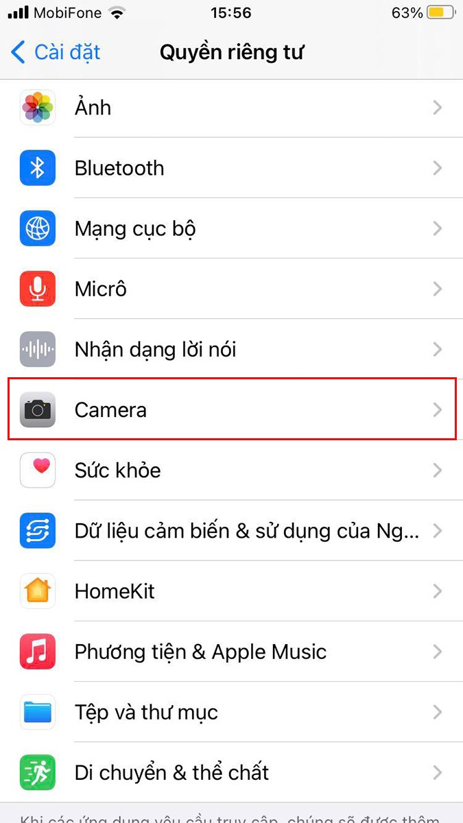 Lựa chọn Camera để cấp quyền camera