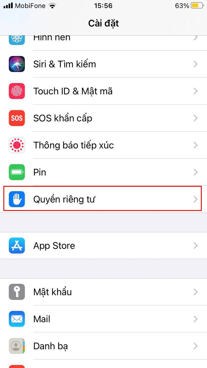 Chọn mục quyền riêng tư trong phần cài đặt