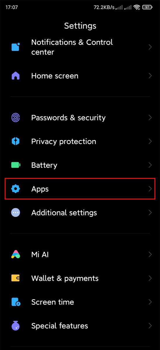 Vào phần cài đặt và tìm kiếm Apps