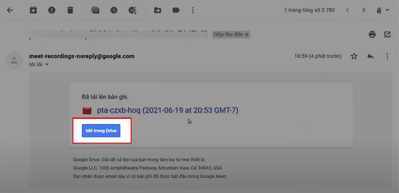 Chọn Mở trong Drive để xem và tải về bản ghi cuộc họp, học online