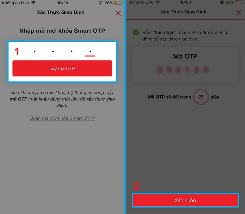 Nhấn Lấy v&agrave; OTP v&agrave; chọn X&aacute;c nhận