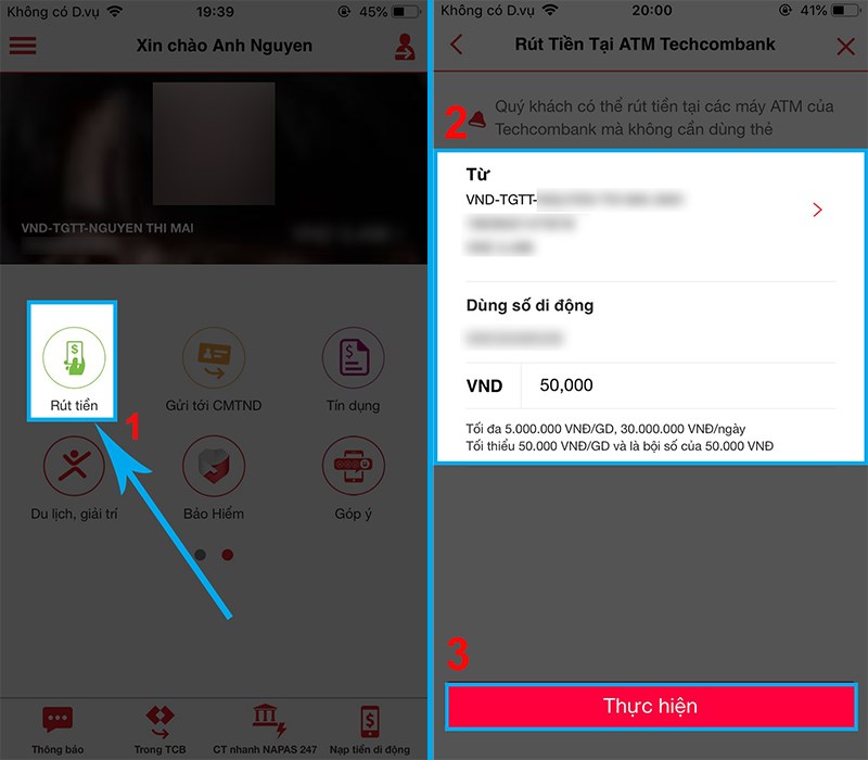 Chọn r&uacute;t tiền v&agrave; điền th&ocirc;ng tin giao dịch