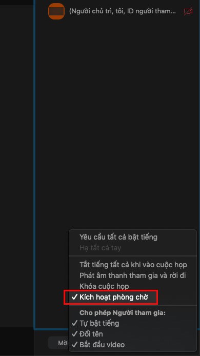 Chọn bỏ dấu t&iacute;ch tại mục K&iacute;ch hoạt ph&ograve;ng chờ