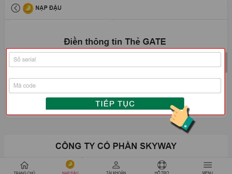 Nhập thông tin thẻ game và thanh toán