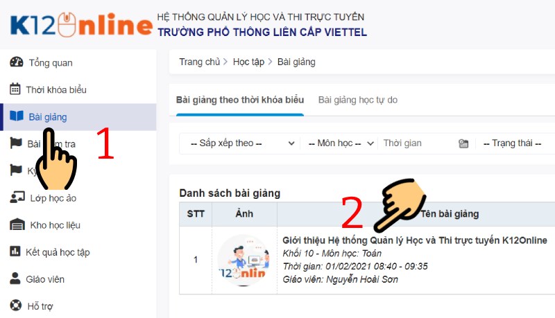 Nhấn vào mục Bài giảng và click vào bài giảng muốn chọn