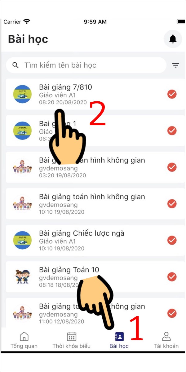 Nhấn vào mục Bài học và click vào bài giảng muốn chọn