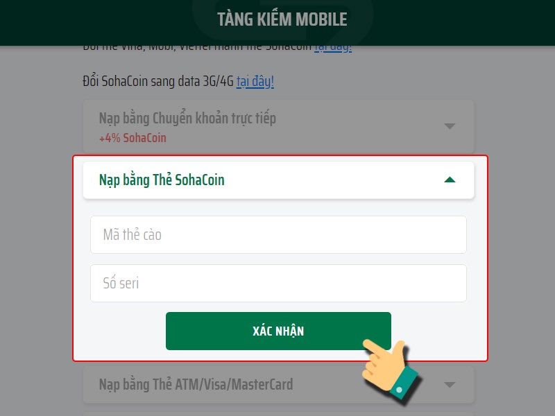 Nhập thông tin thẻ SohaCoin