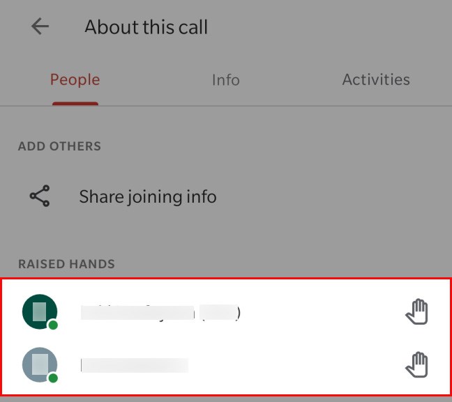 Sau đó, danh sách các thành viên giơ tay sẽ xuất hiện