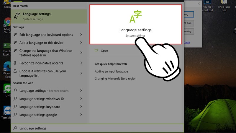 Tìm kiếm và mở Language settings