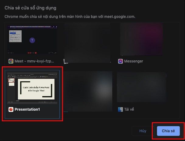 Chọn slide PowerPoint cần trình chiếu trên Google Meet > Chọn Chia sẻ Chọn slide PowerPoint cần trình chiếu trên Google Meet > Chọn Chia sẻ