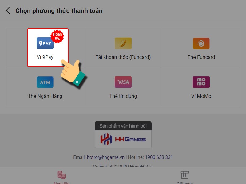 Nạp bằng v&iacute; 9Pay