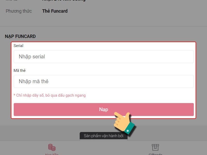 Nhập th&ocirc;ng tin thẻ Funcard để thanh to&aacute;n