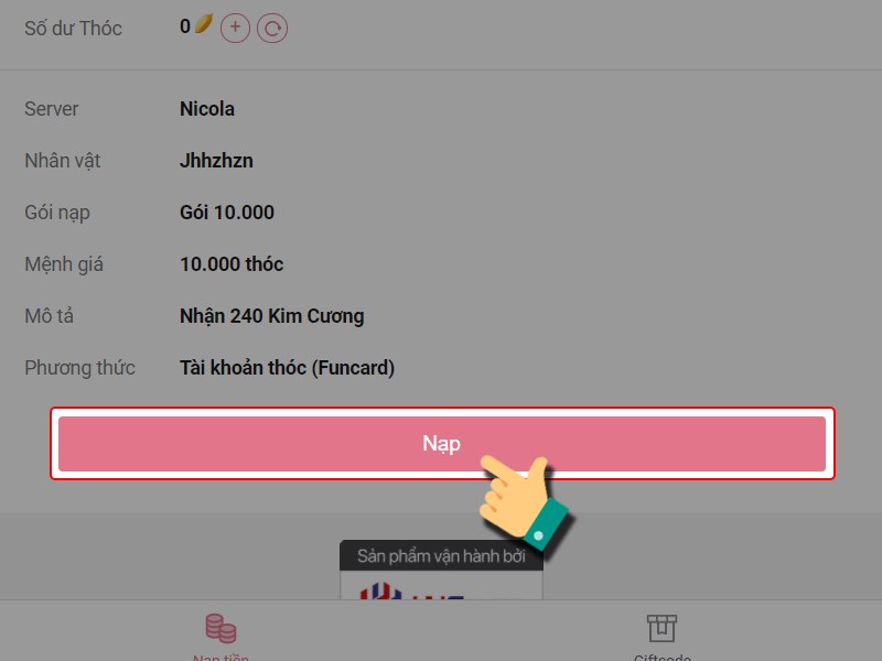 Nhấn Nạp để thanh to&aacute;n