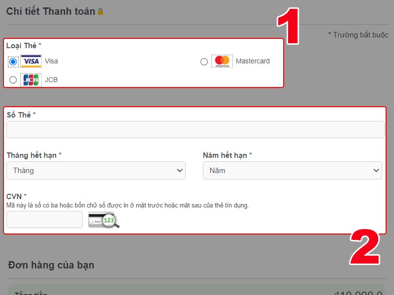 Chọn loại thẻ v&agrave; nhập th&ocirc;ng tin tr&ecirc;n thẻ