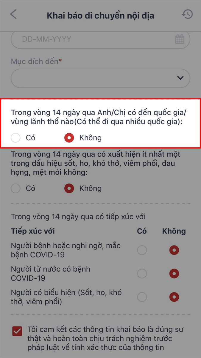 Trong vòng 14 ngày qua Anh/Chị có đến quốc gia/vùng lãnh thổ nào (có thể đi qua nhiều quốc gia)