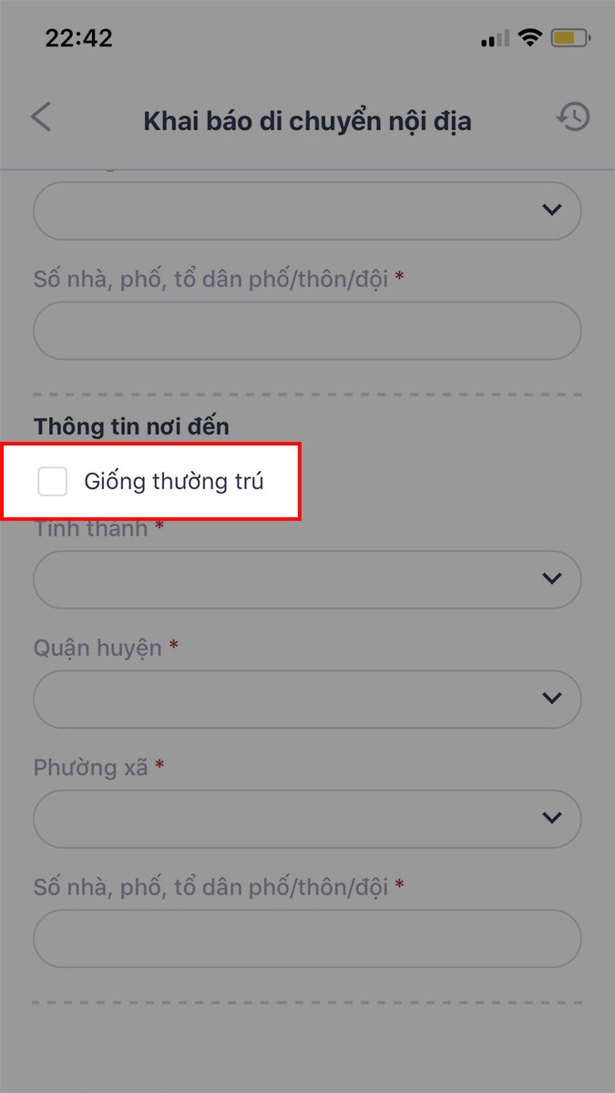 Nếu giống với địa chỉ thường trú, bạn chỉ cần nhấn dấu tích vào ô Giống thường trú