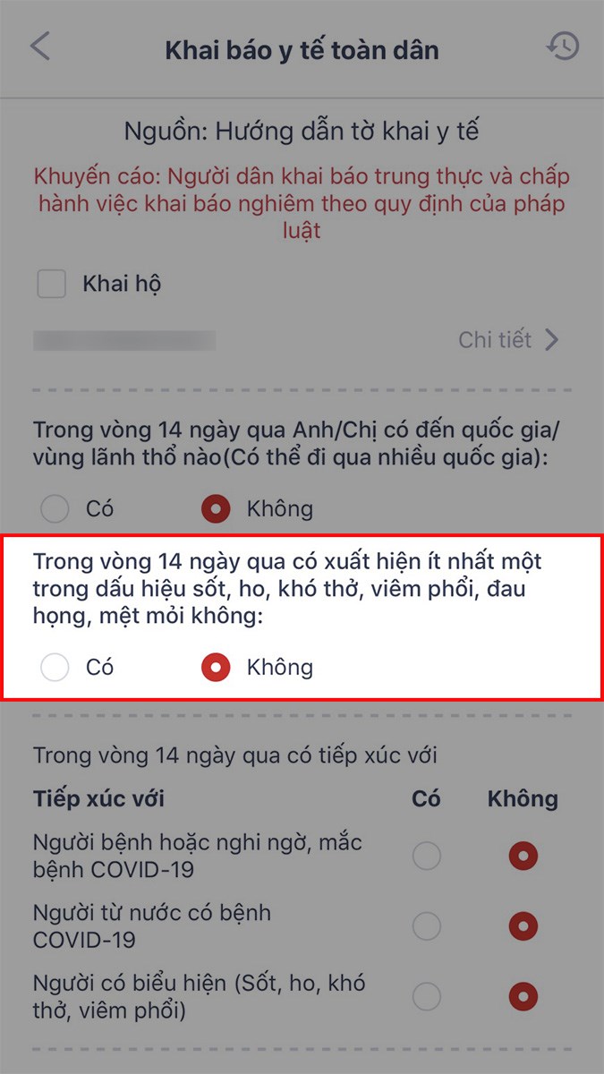 Nhấn vào ô Có hoặc Không với các triệu chứng tương ứng