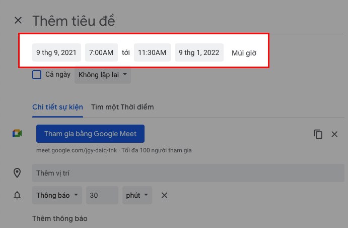 Và chọn mốc thời gian, ngày tháng diễn ra lớp họp, học online