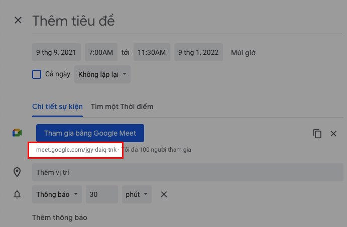 Tiến hành sao chép đường link của lớp học, họp online tại mục Chi tiết sự kiện