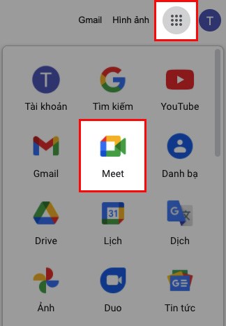Nhấn vào biểu tượng dấu chấm ở góc trên bên phải > Chọn Meet