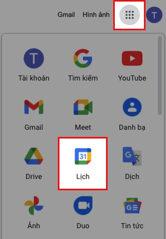 Nhấn vào biểu tượng dấu chấm ở góc trên bên phải > Chọn Lịch