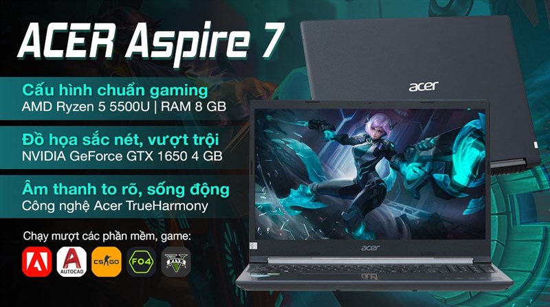 Th&ocirc;ng số Acer Aspire 7 A715 42G R4ST R5 5500U/8GB/256GB/4GB GTX1650/Win10