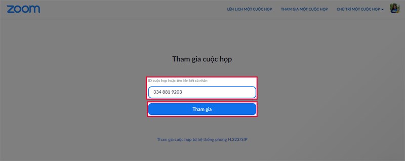 Điền ID cuộc họp hoặc tên liên kết cá nhân, chọn Tham gia