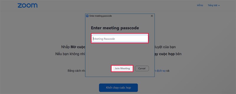 Điền Passcode, chọn Join meeting