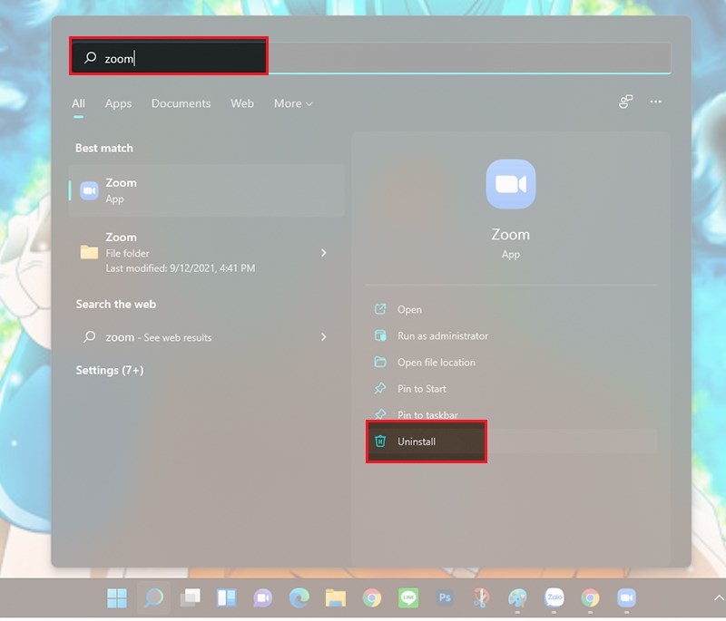 Tìm với từ khóa Zoom > Chọn Uninstall